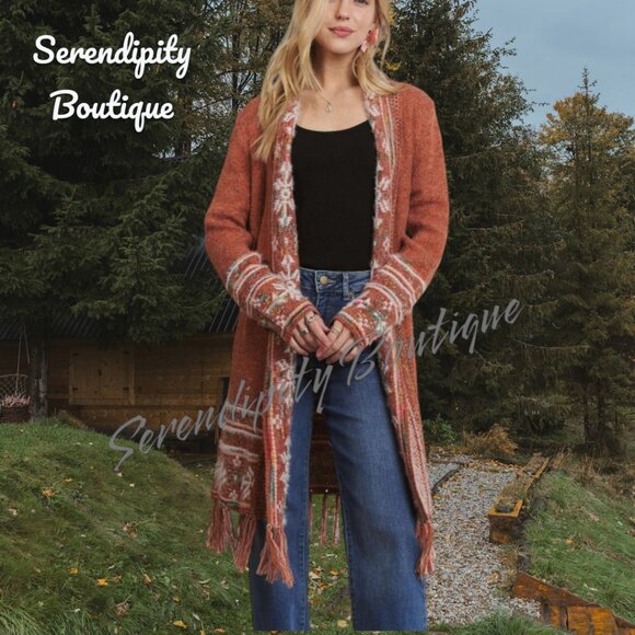 Tribal Print Jacquard Knit Fringe Comfy Long Sweater Duster Cardigan. - Picture 5 of 9